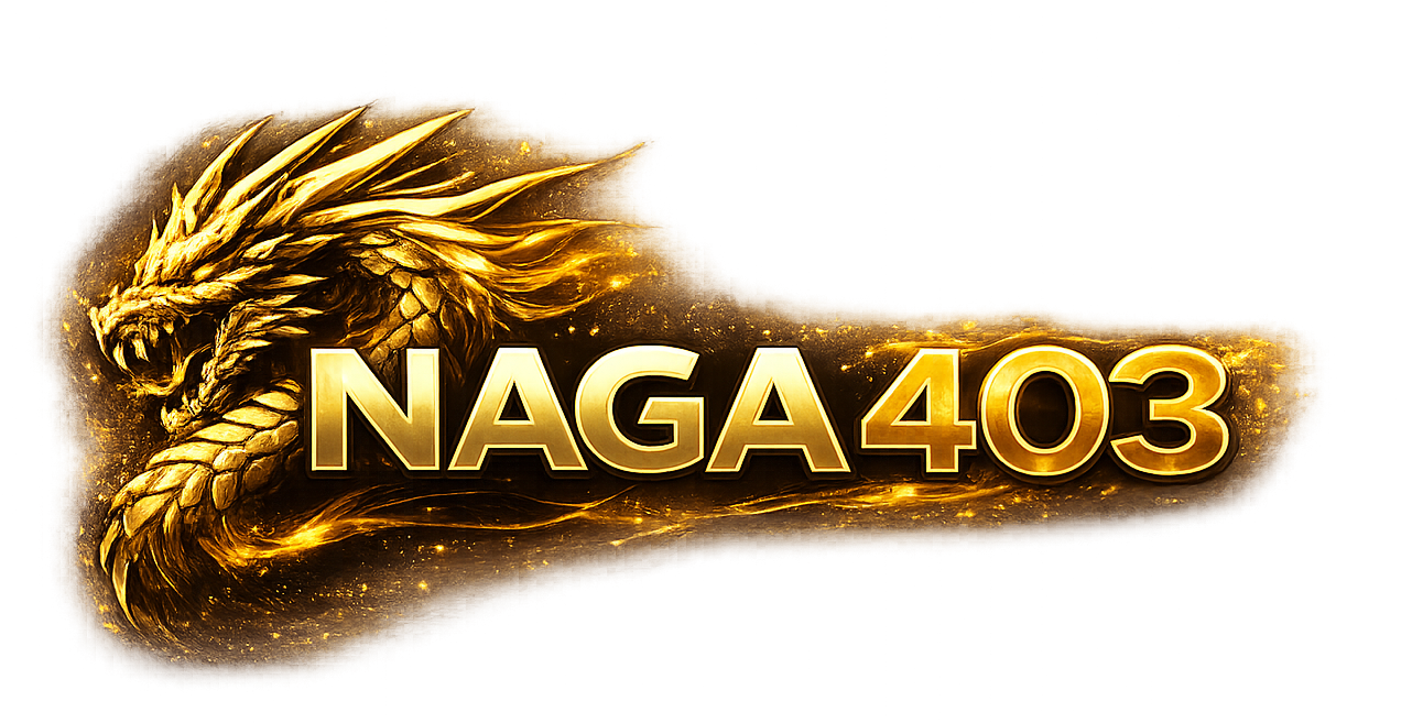 Logo NAGA403 berwarna emas dengan ilustrasi naga futuristik dan tulisan metallic gold di background transparan.